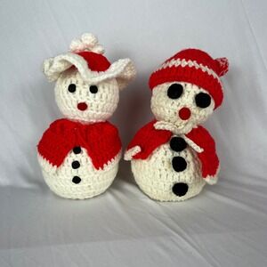 Vtg 70s 80s Handmade Crochet Mr. & Mrs. Snowman 8" w Hats Holiday Decorative Set